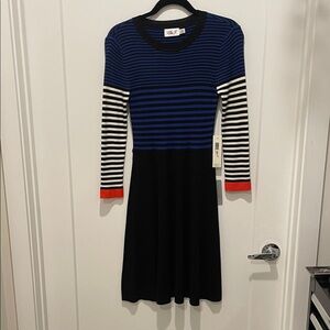 Eliza J Blue and Black Striped Long Sleeve Dress